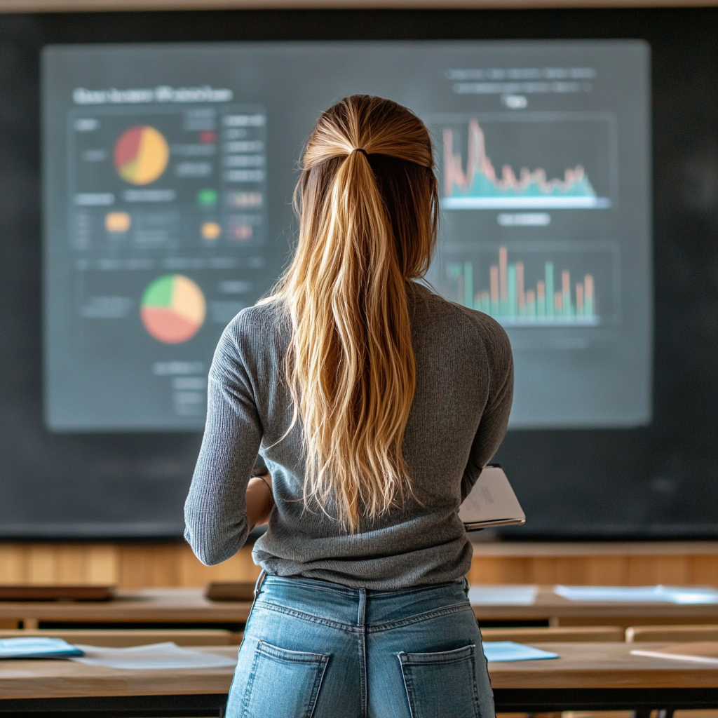 Woman in gray cardigan giving ppt presentation in classroom.