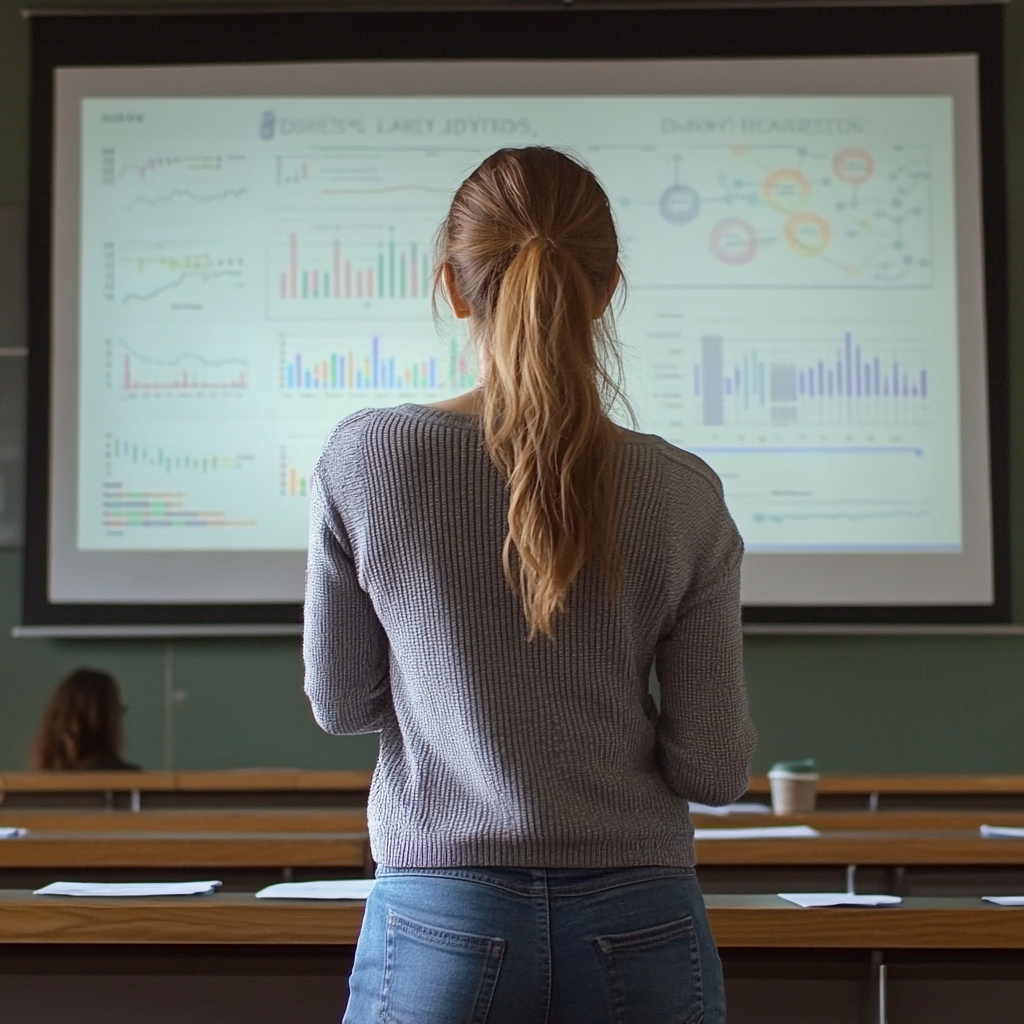 Woman in gray cardigan presenting graphs for PPT.