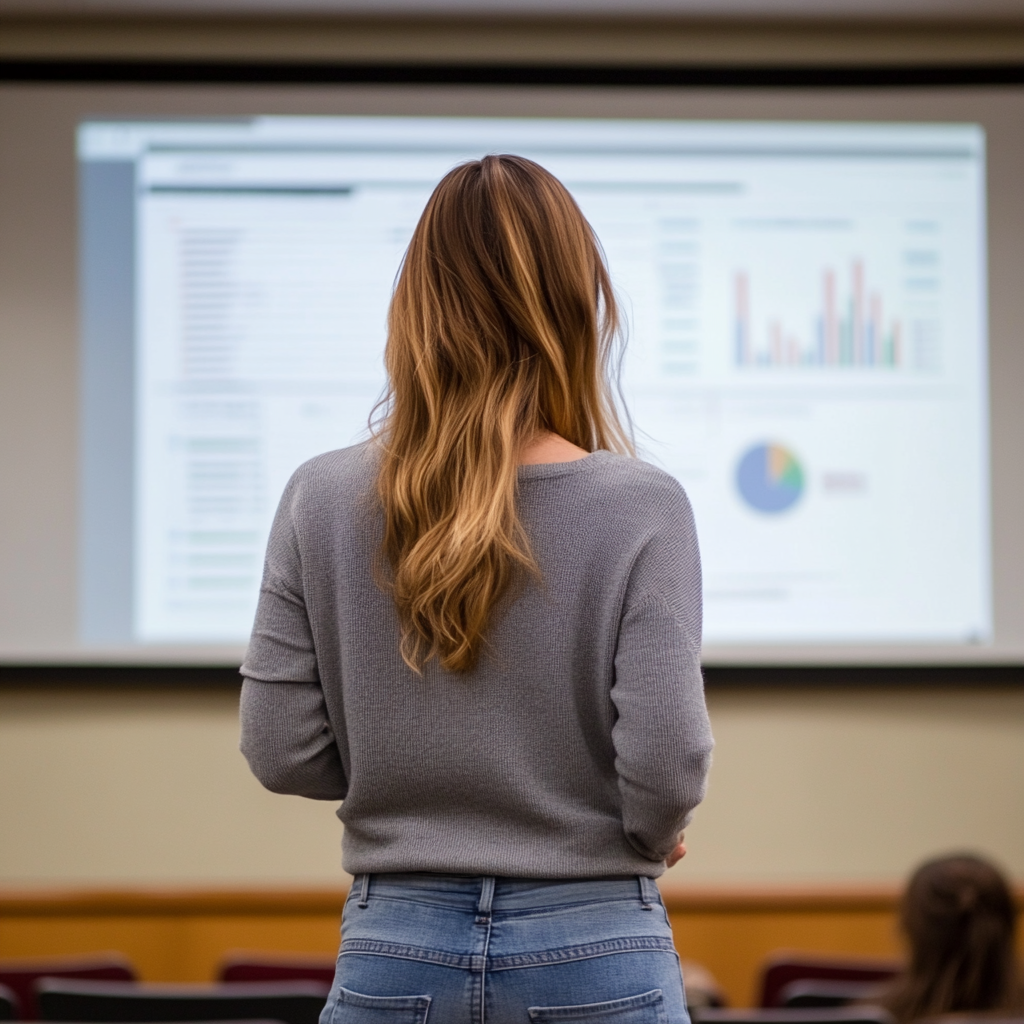 Woman in gray cardigan presenting graphs in university classroom.