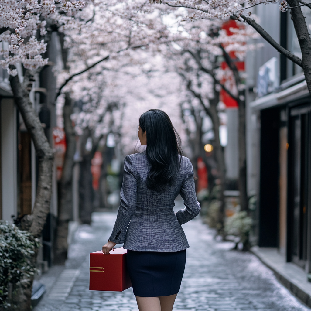 Woman in gray suit with cherry blossoms.