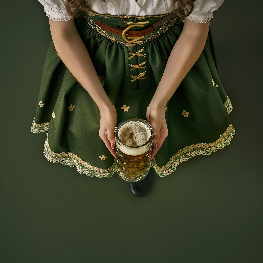 Woman in green dirndls holding Oktoberfest beer mug