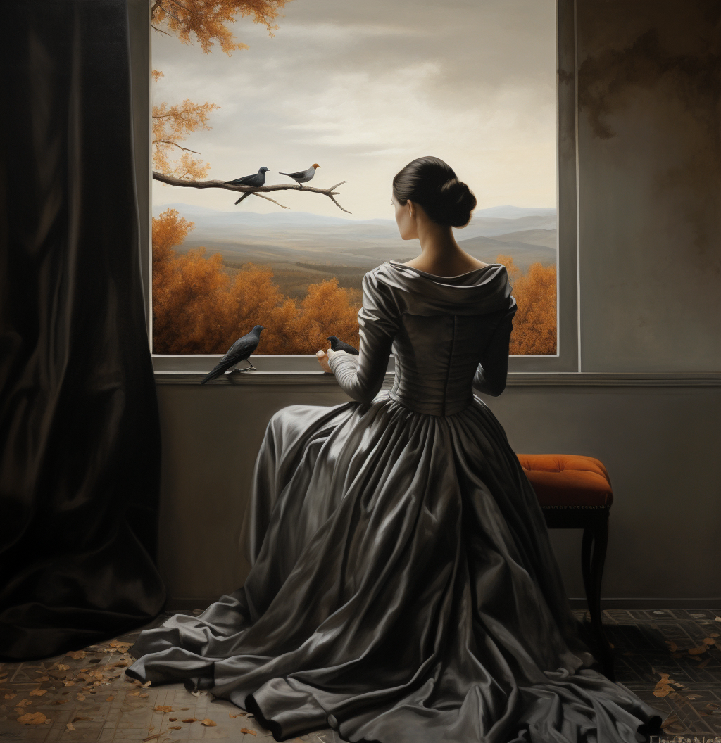 Woman in grey silk dress sitting with bird, autumn view.