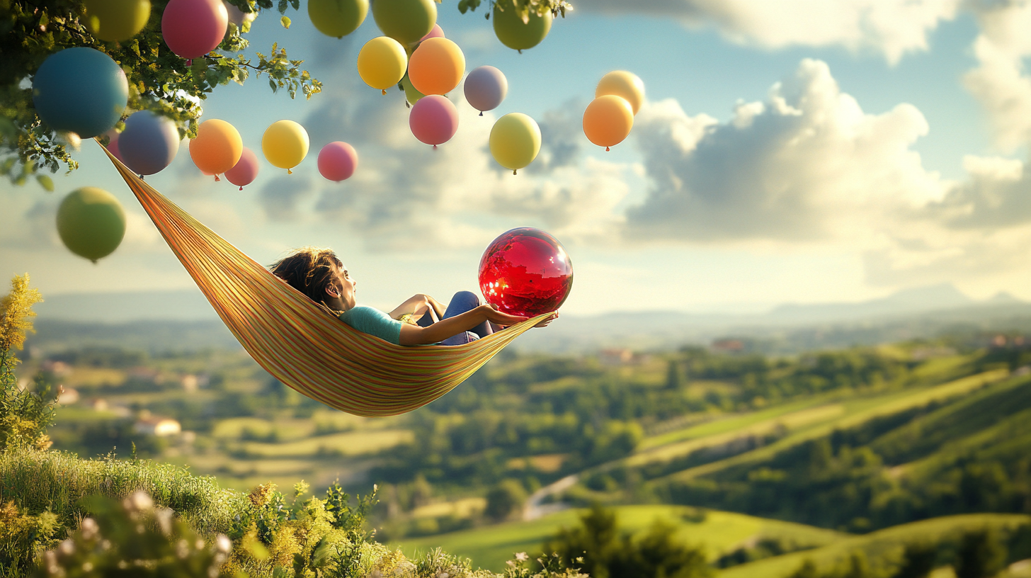 Woman in hammock held by balloons over landscape.