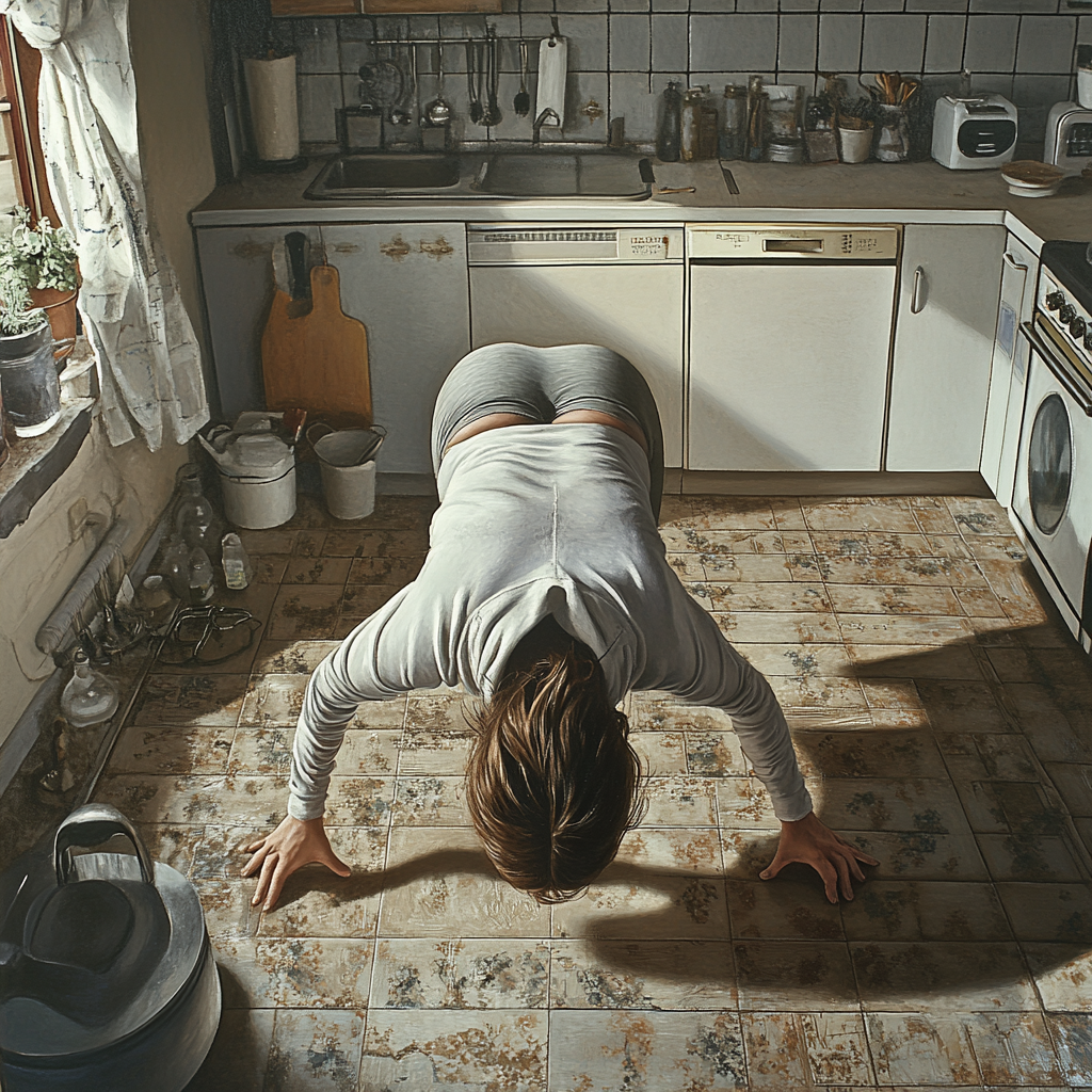 Woman in kitchen doing push-ups, looking fit and focused.