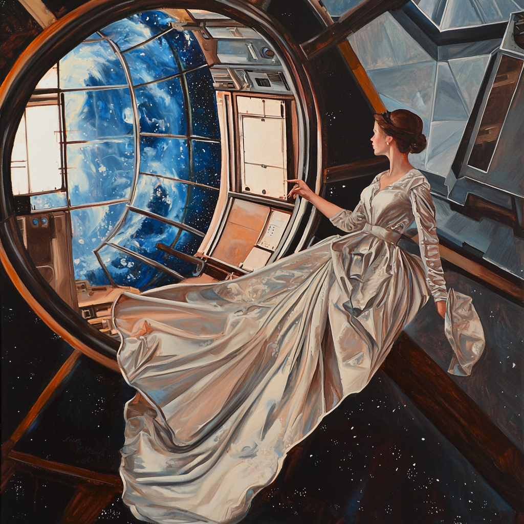 Woman in long dress floating in space station habitat.