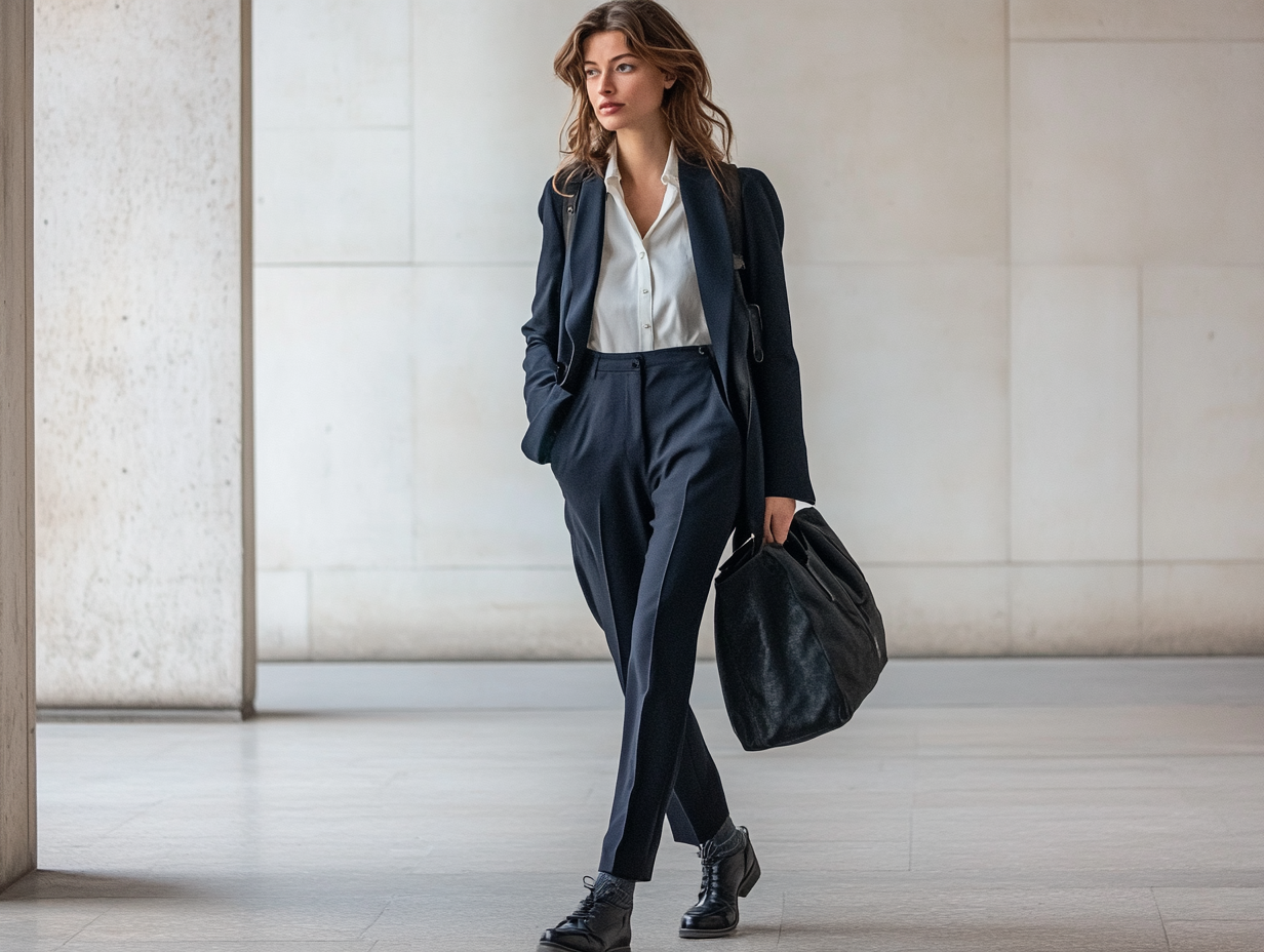 Woman in navy blue suit walking with bag.