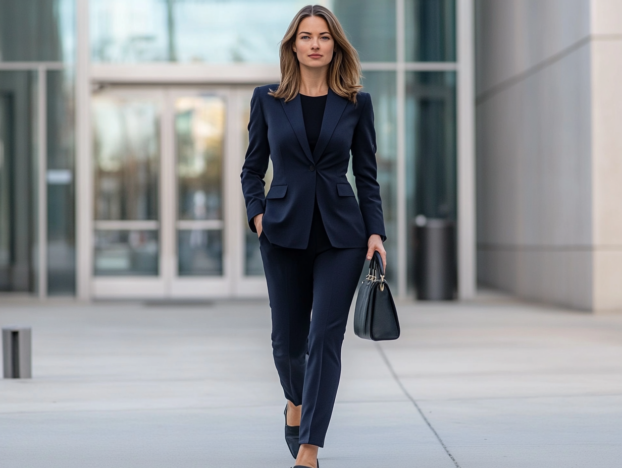 Woman in navy blue suit walks outside confidently.