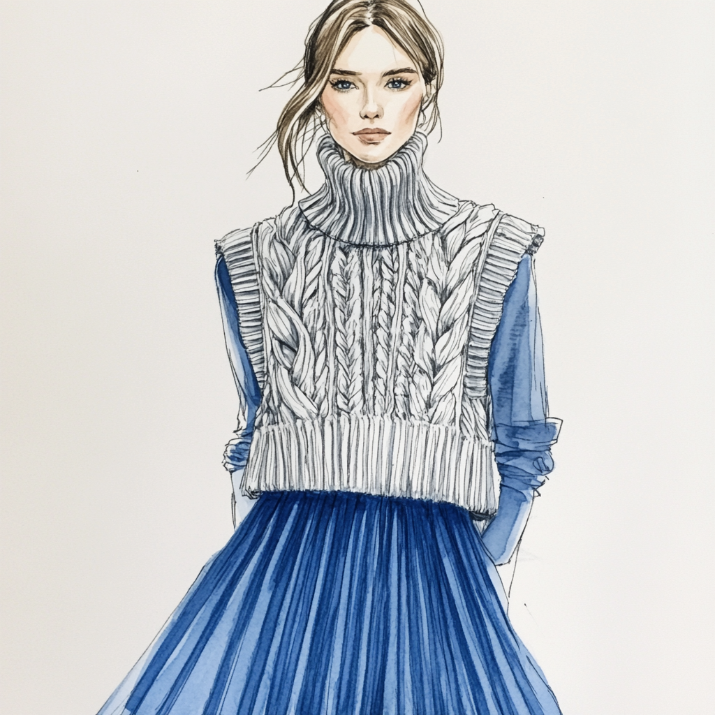 Woman in oversized cable knit vest, sleeveless turtleneck, blue pleated skirt.