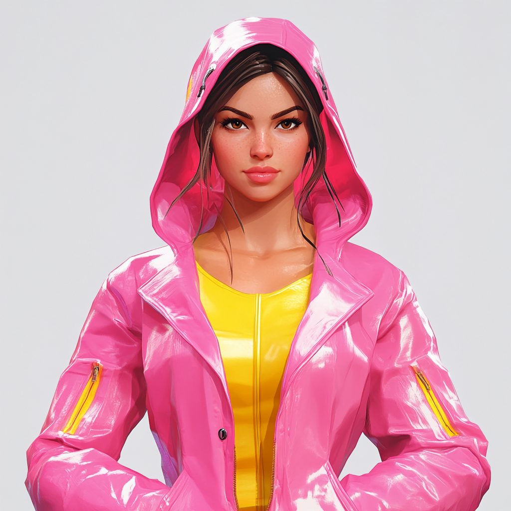 Woman in pink raincoat poses aggressively in 3D style.