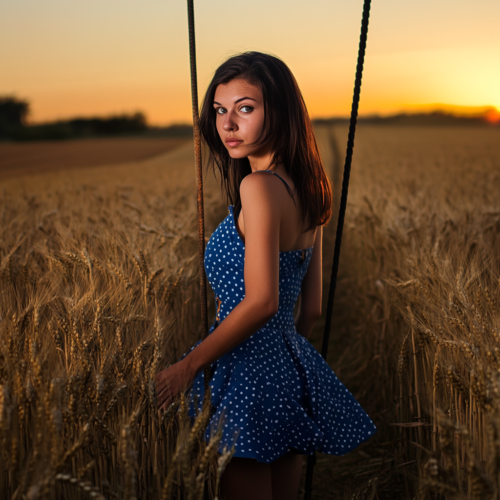 Woman in polkadot sundress hiding iron rod in wheat field.