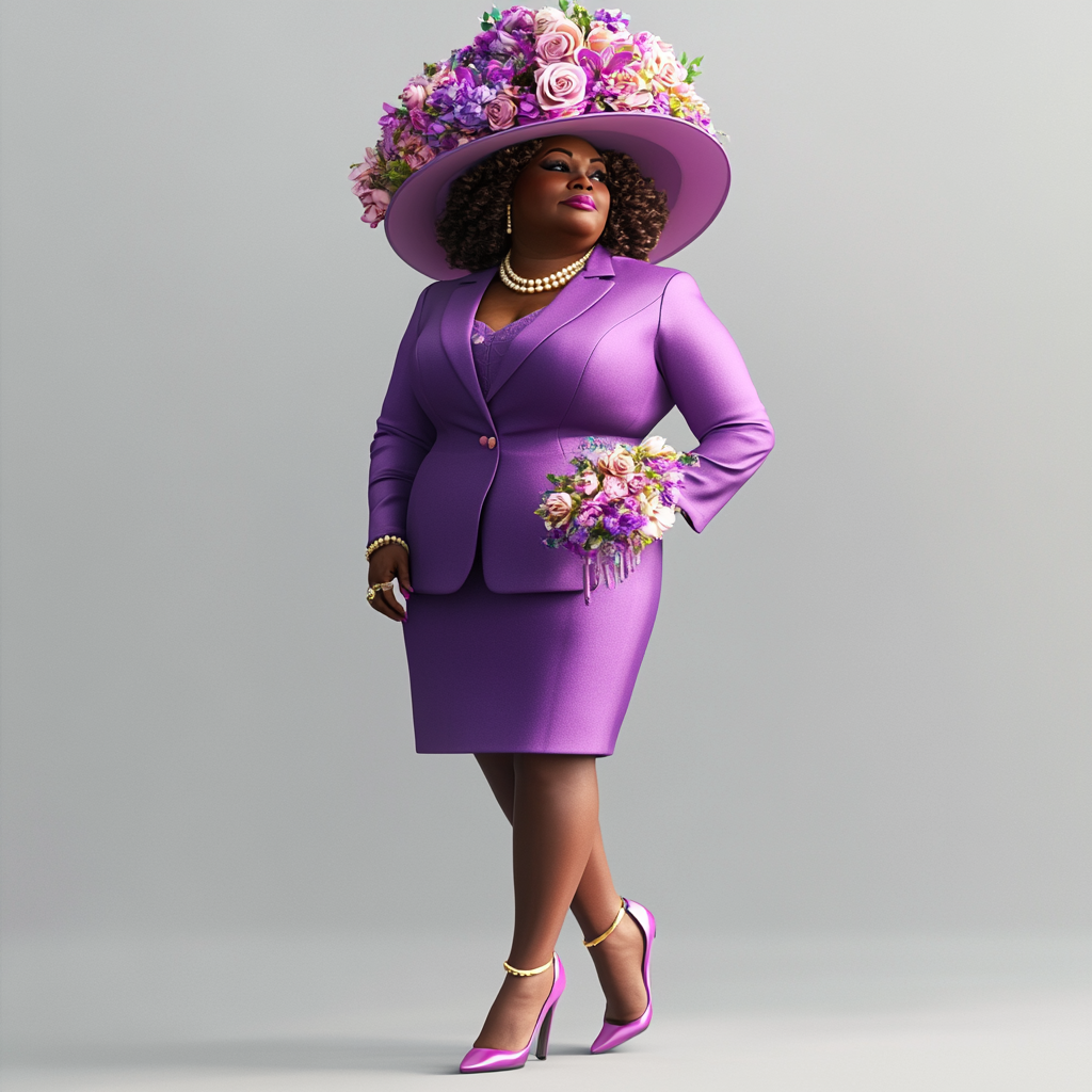 Woman in purple dress suit and flowered hat