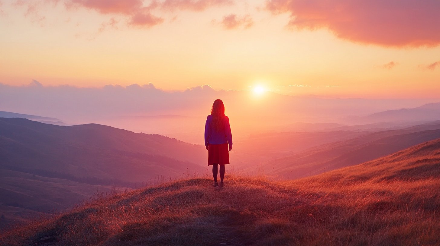 Woman in red and blue on hilltop at sunrise.