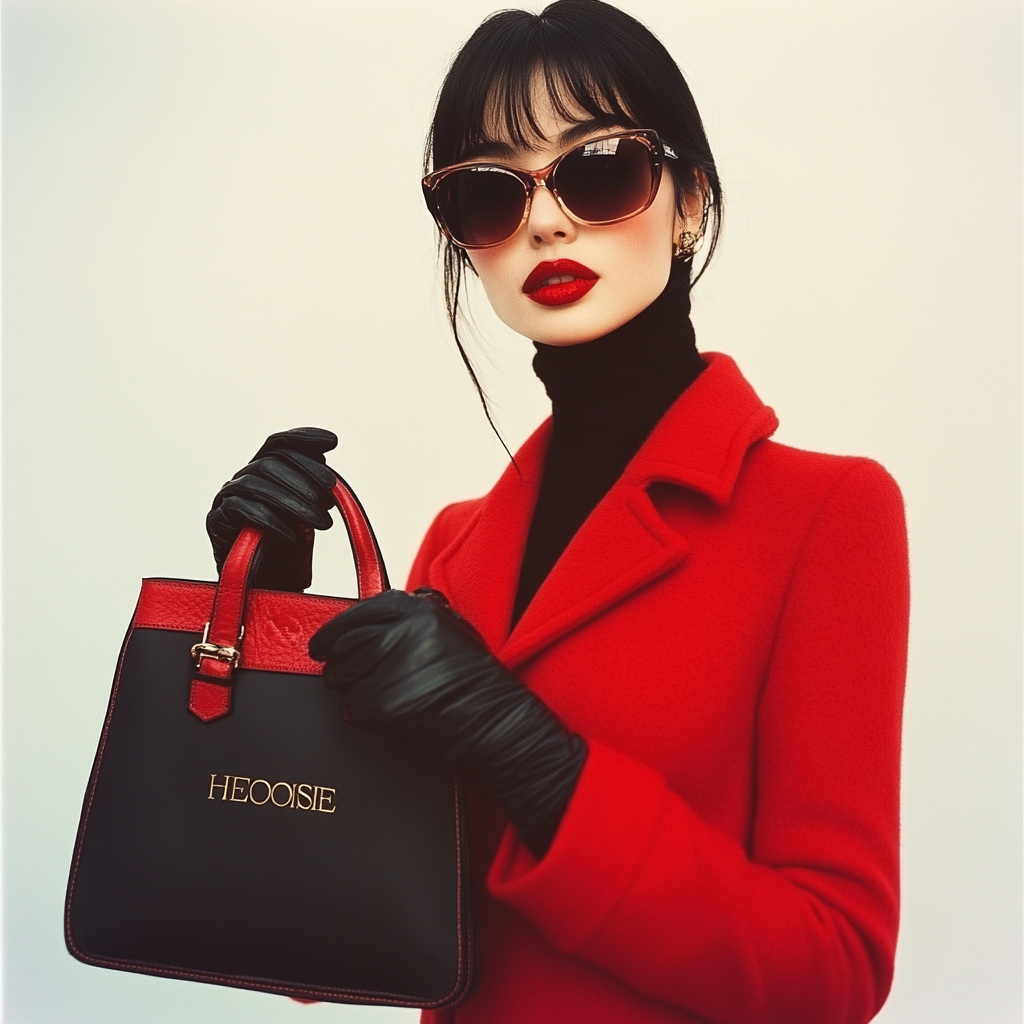 Woman in red coat and Heloise bag in fashion magazine.