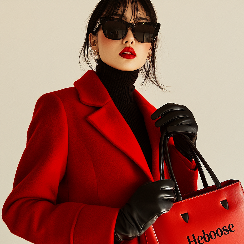 Woman in red coat with 'Heloise' bag, sunglasses, gloves.