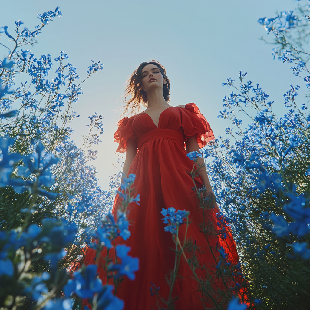 Woman in red dress surrounded by blue flowers