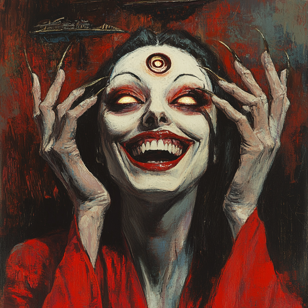 Woman in red robe with wide grin, third eye, claws, ghostship.