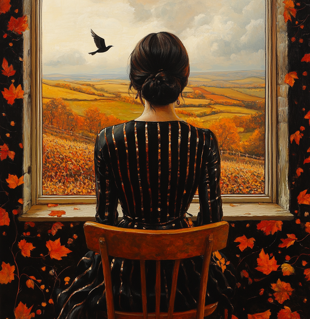 Woman in silk dress, autumn landscape, flying bird.