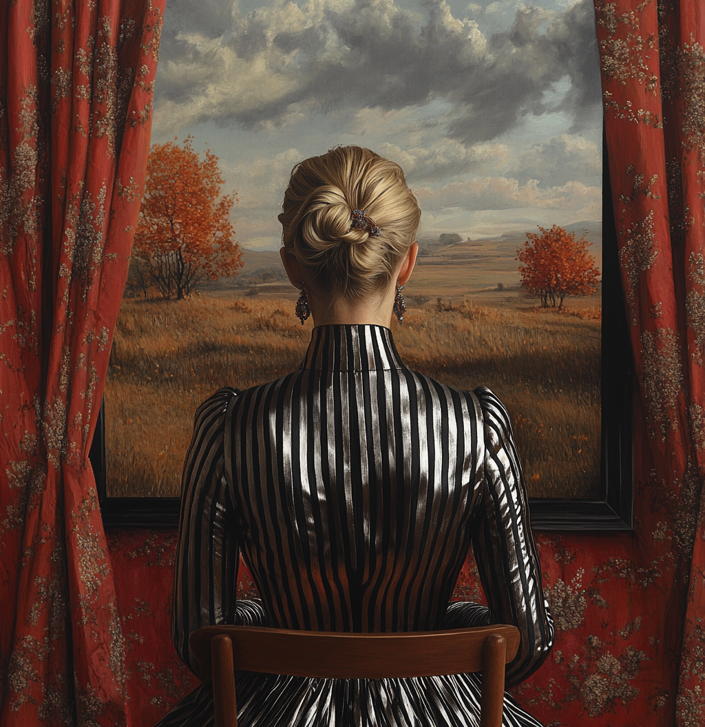 Woman in silk dress with black stripes sitting in autumn room.