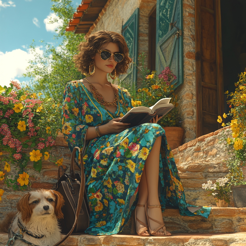 Woman in sunglasses reading on rustic home landing.