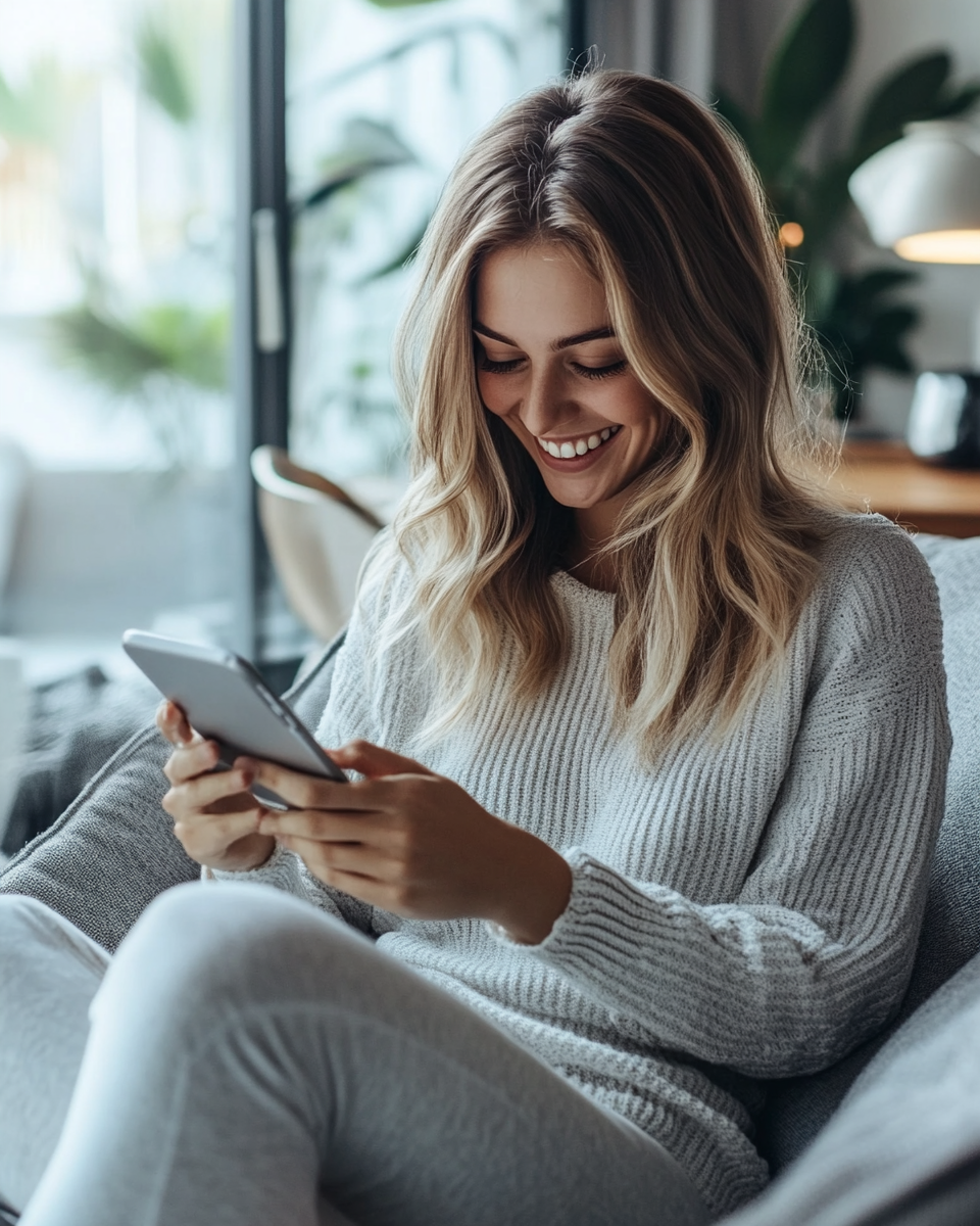 Woman in thirties downloading app on iPhone 15.