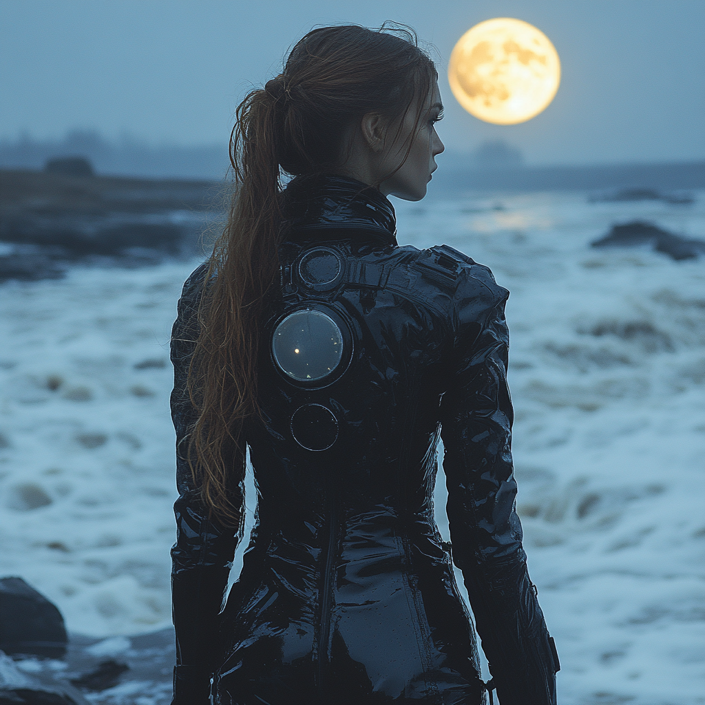 Woman in tight suit at river under moonlight.