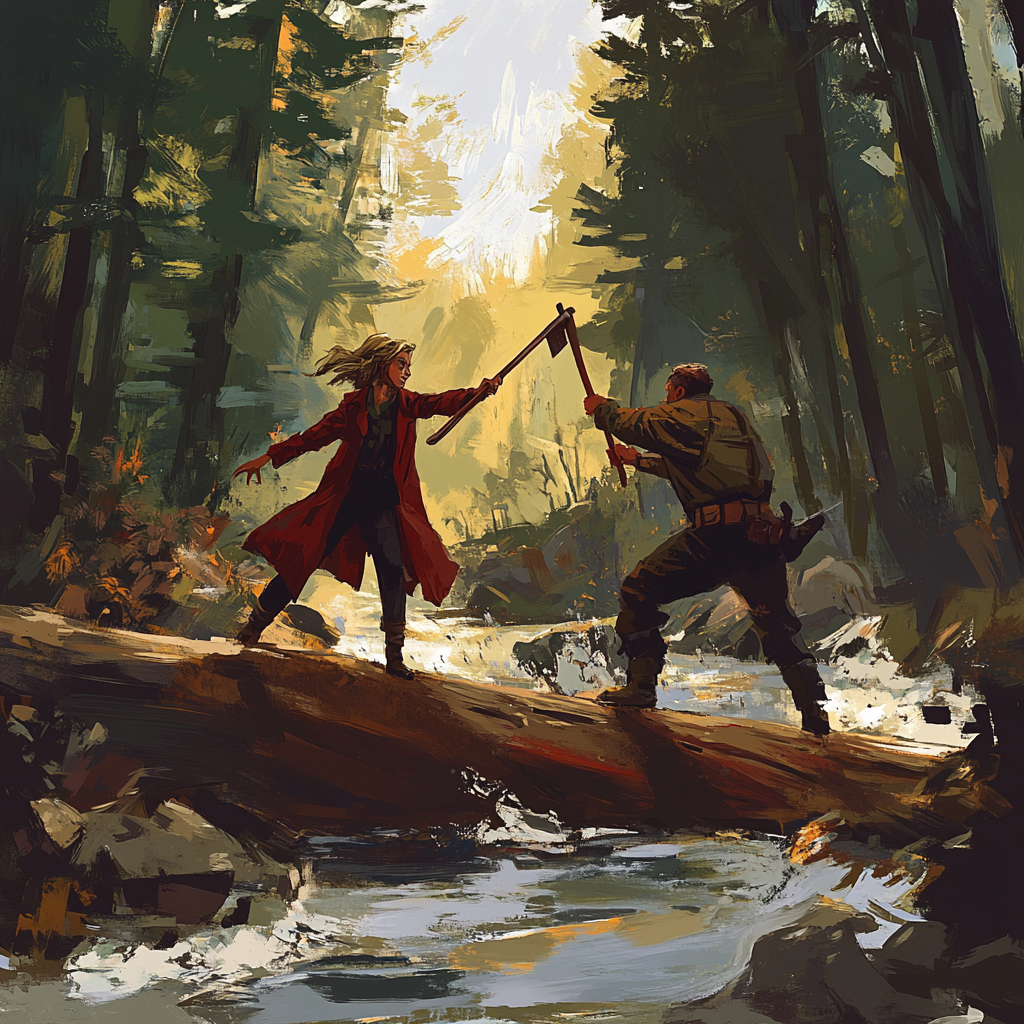 Woman in trenchcoat with staff fights lumberjack with axe.