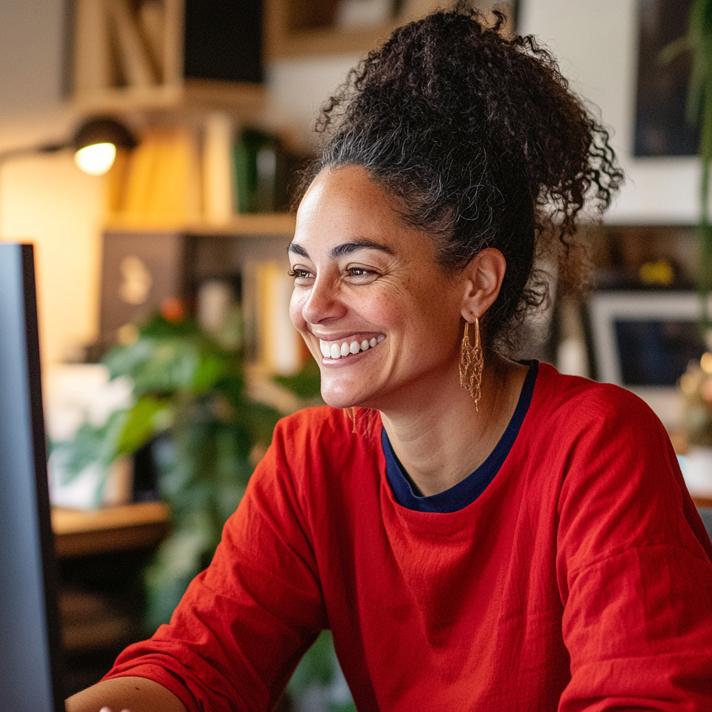 Woman in virtual meeting, smiling at screen with people.