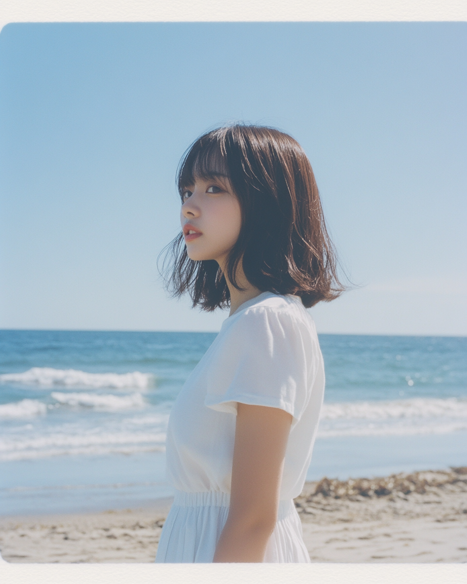 Woman in white dress standing on coast. looking back.