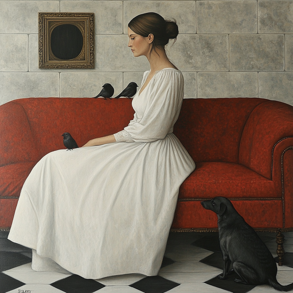 Woman in white dress with sparrows, on red couch.