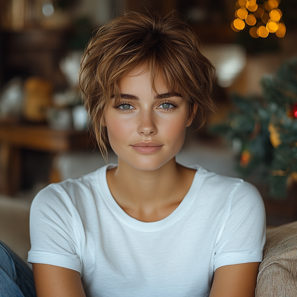 Woman in white sweatshirt relaxing on sofa, smiling at camera.