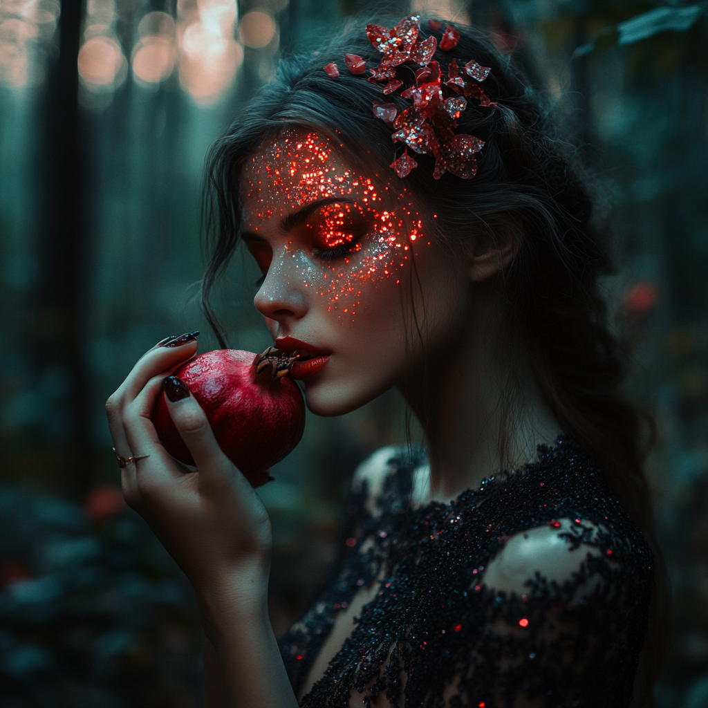 Woman in woods with red glitter eyeshadow, holding pomegranate.