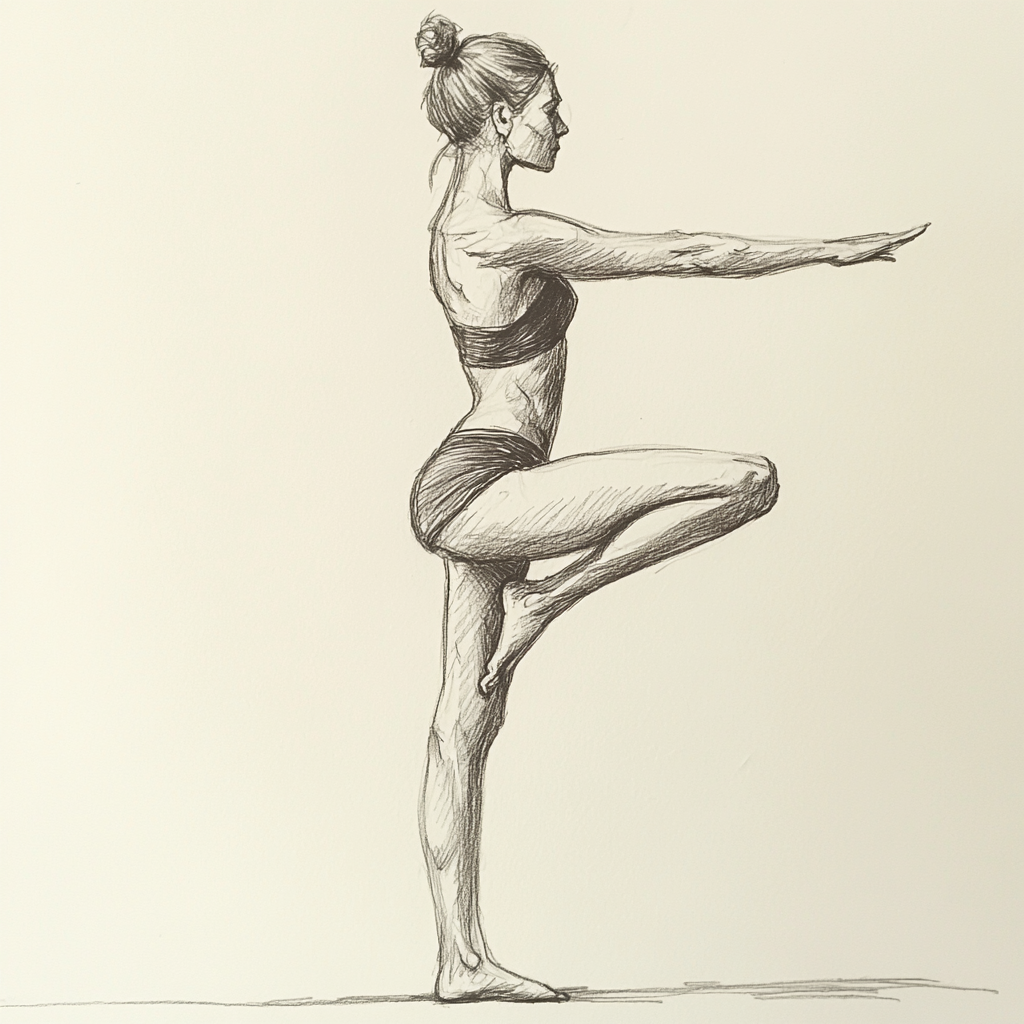 Woman in yoga pose standing on one leg.