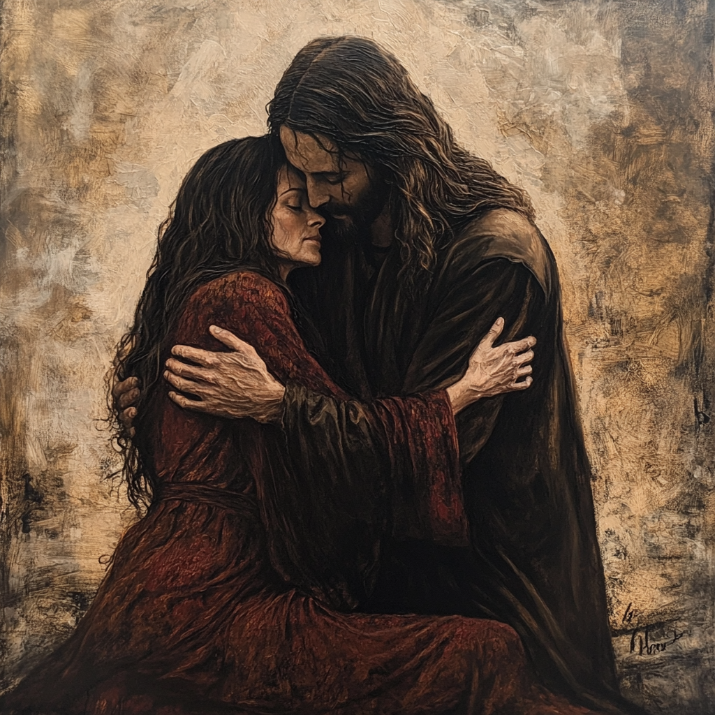 Woman kneeling at Jesus' feet, both showing compassion.