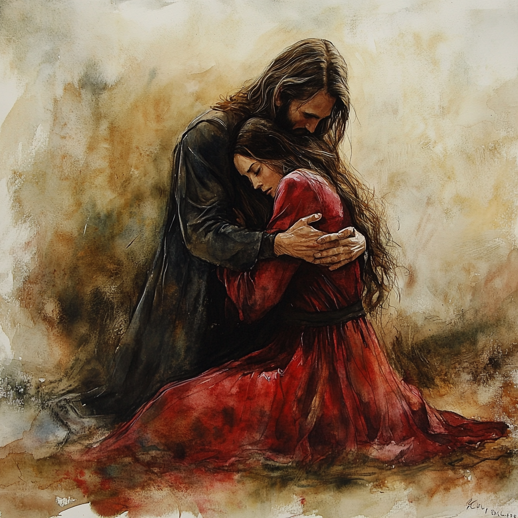 Woman kneeling before Jesus, he shows compassion. Earthy background.