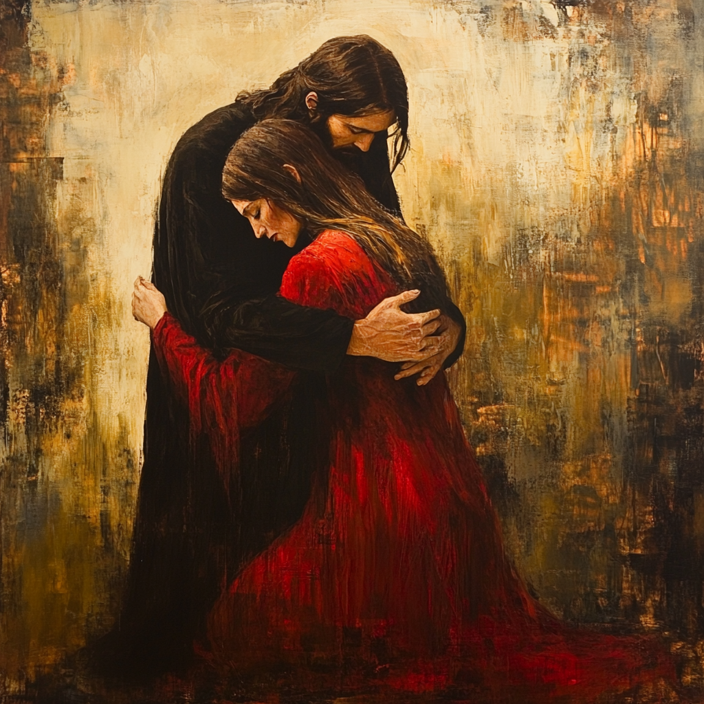 Woman kneeling before compassionate Jesus, both in flowing dress.