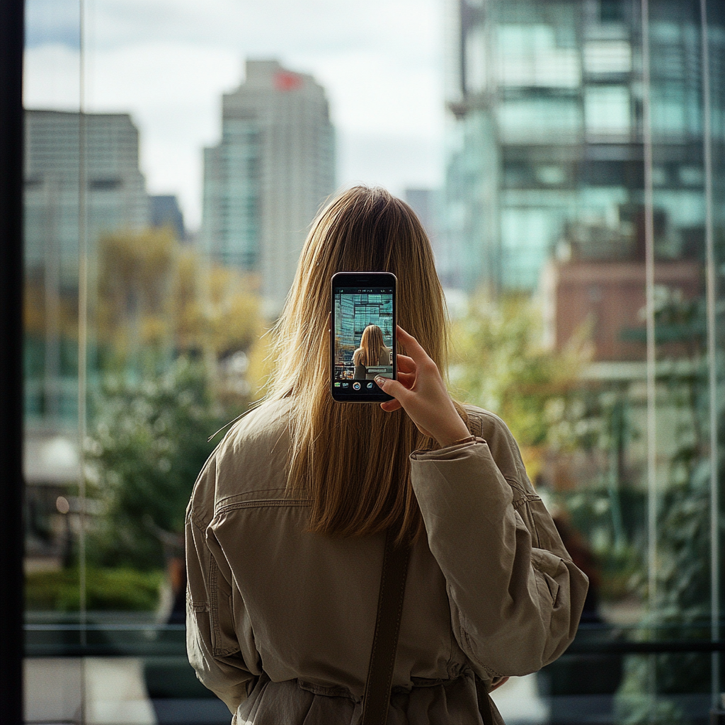 Woman looking at phone screen with reflection, outdoors.