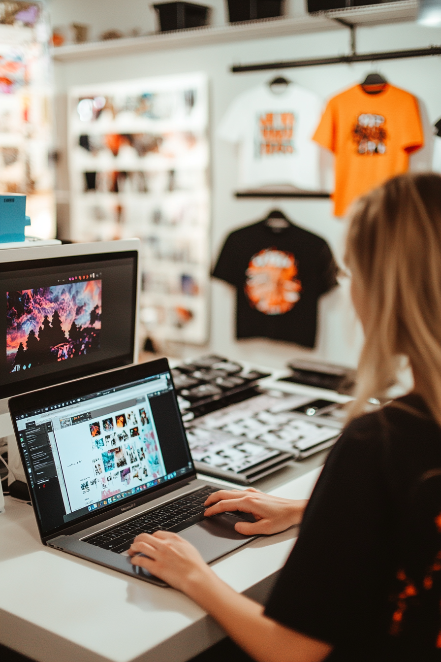 Woman making T-shirt design on laptop with prints.