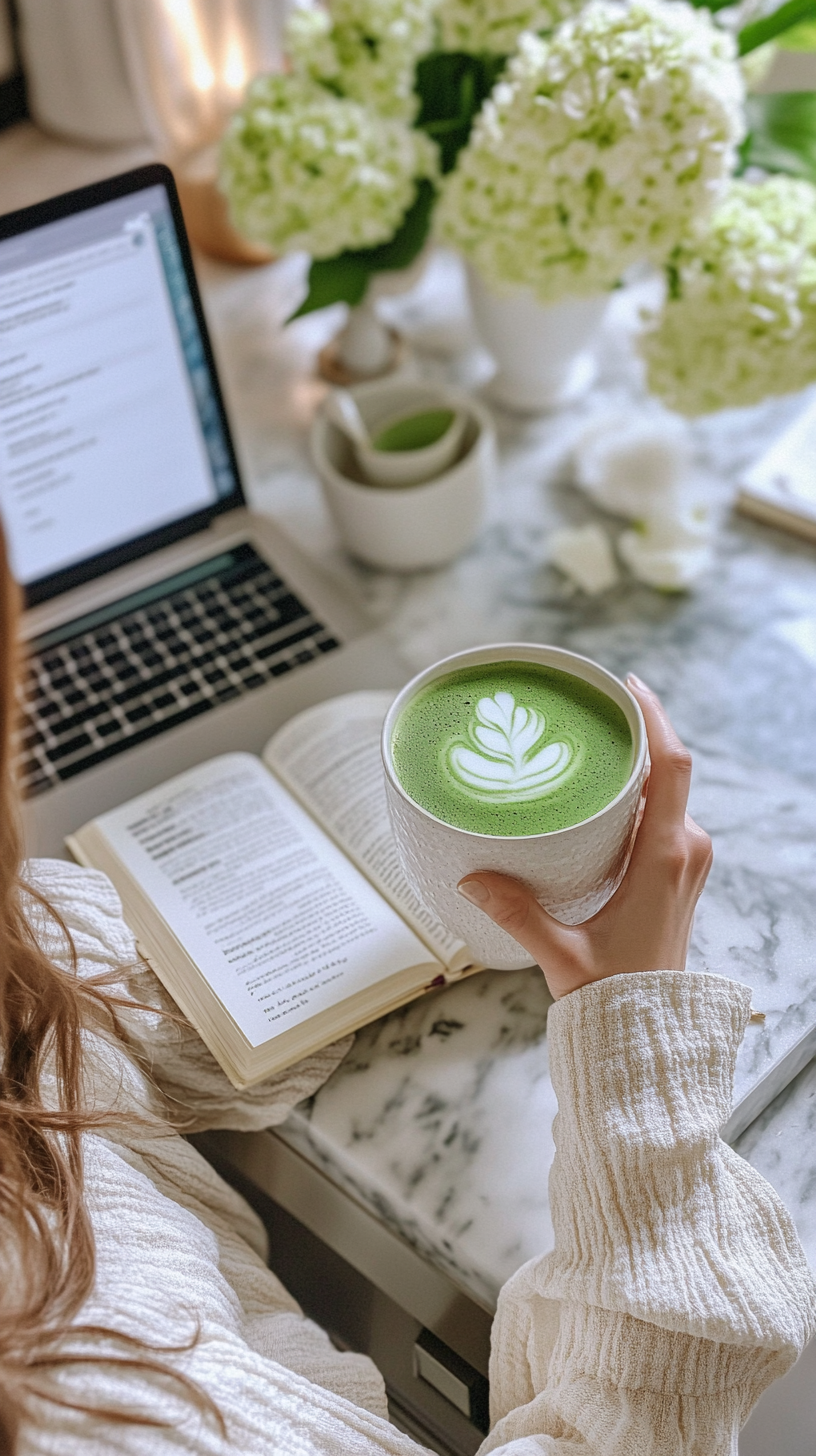 Woman making matcha latte