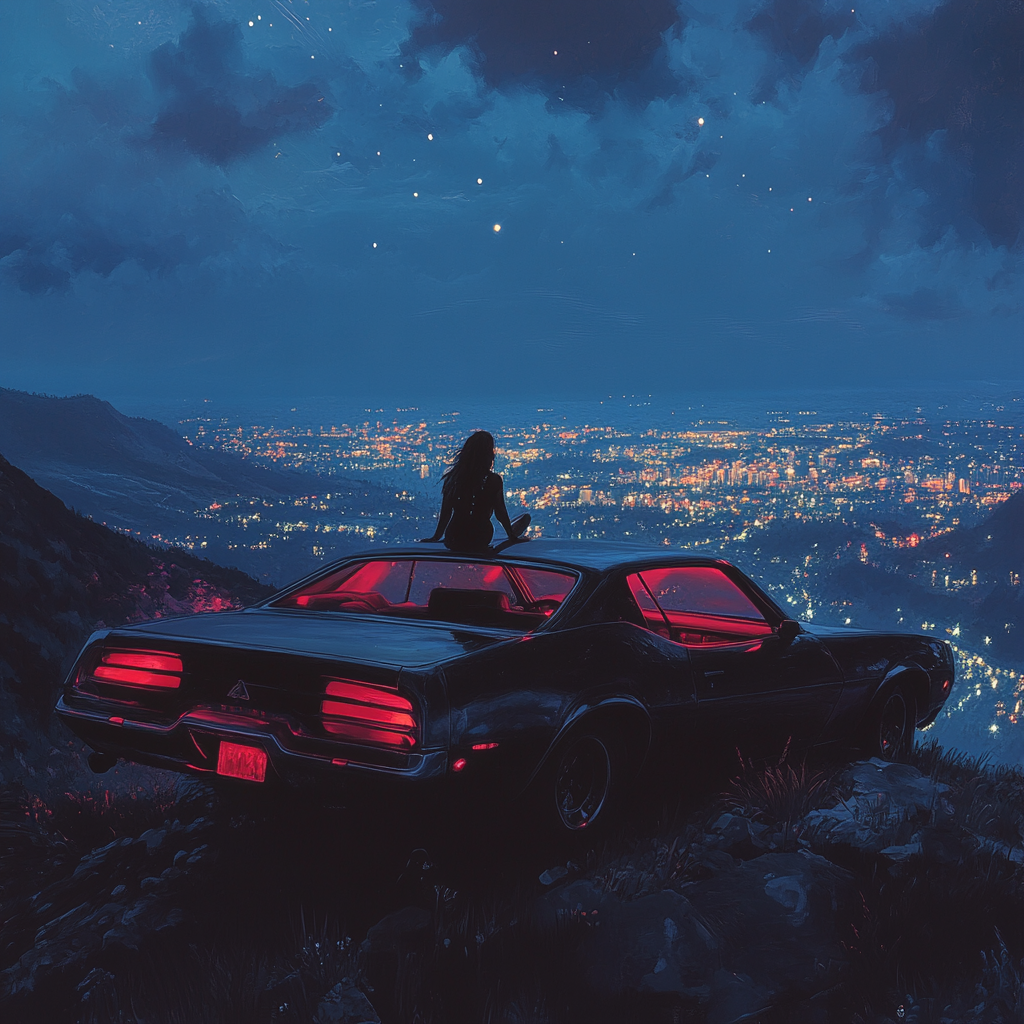 Woman on Car Roof Overlooking City Lights