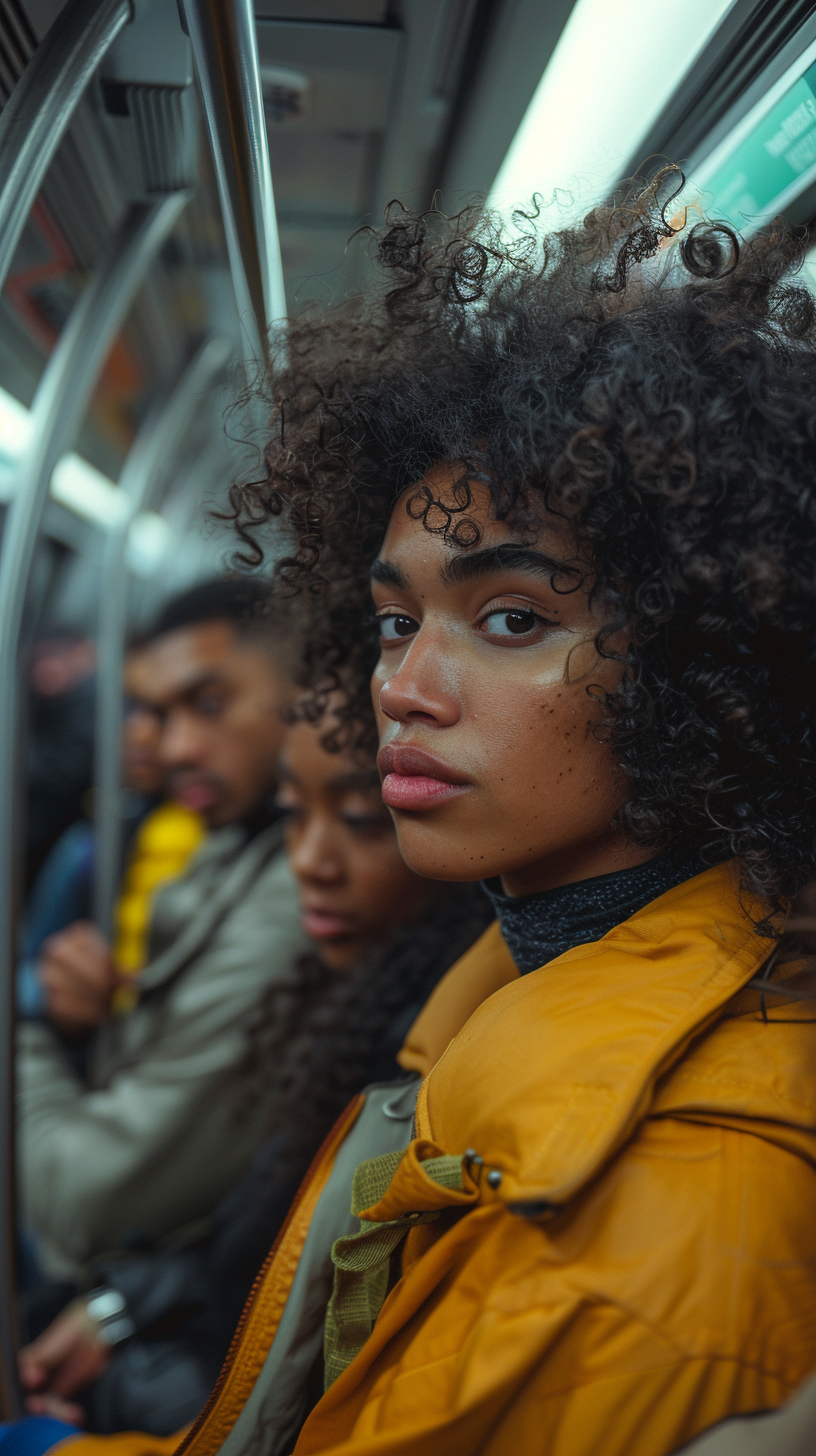 Woman on NYC subway train, distressed, surrounded by phone users.