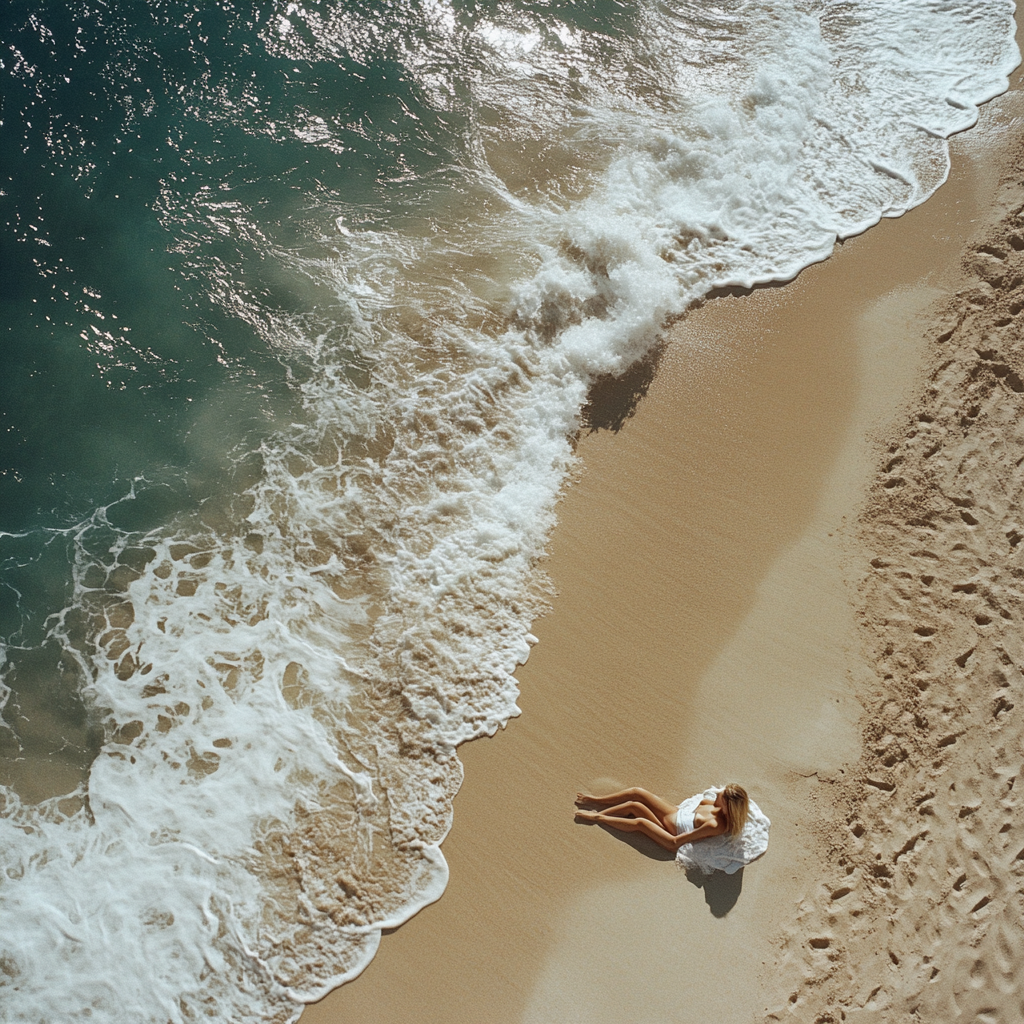 Woman on beach, ocean wave crashing in background.