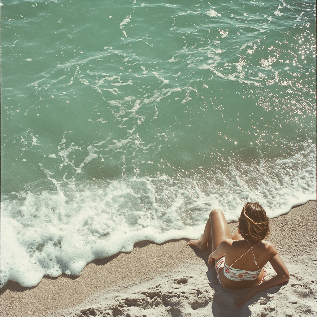 Woman on beach in vintage 70’s style.