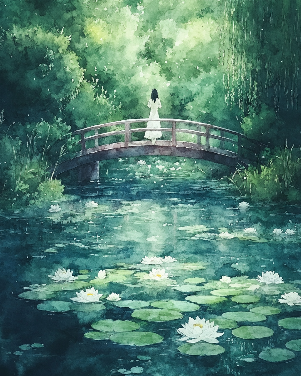 Woman on bridge over water lily pond, watercolor style.