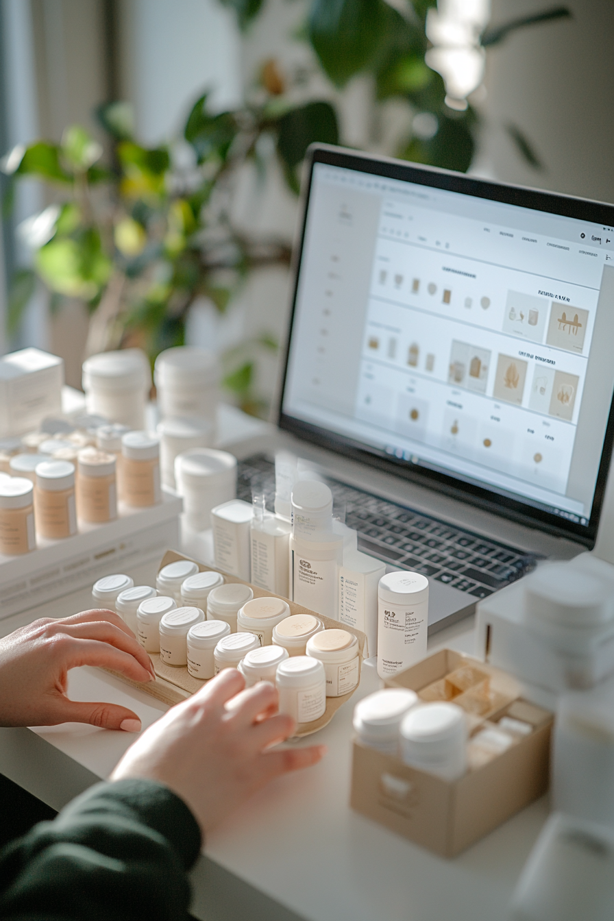 Woman organizing handmade products for online store.