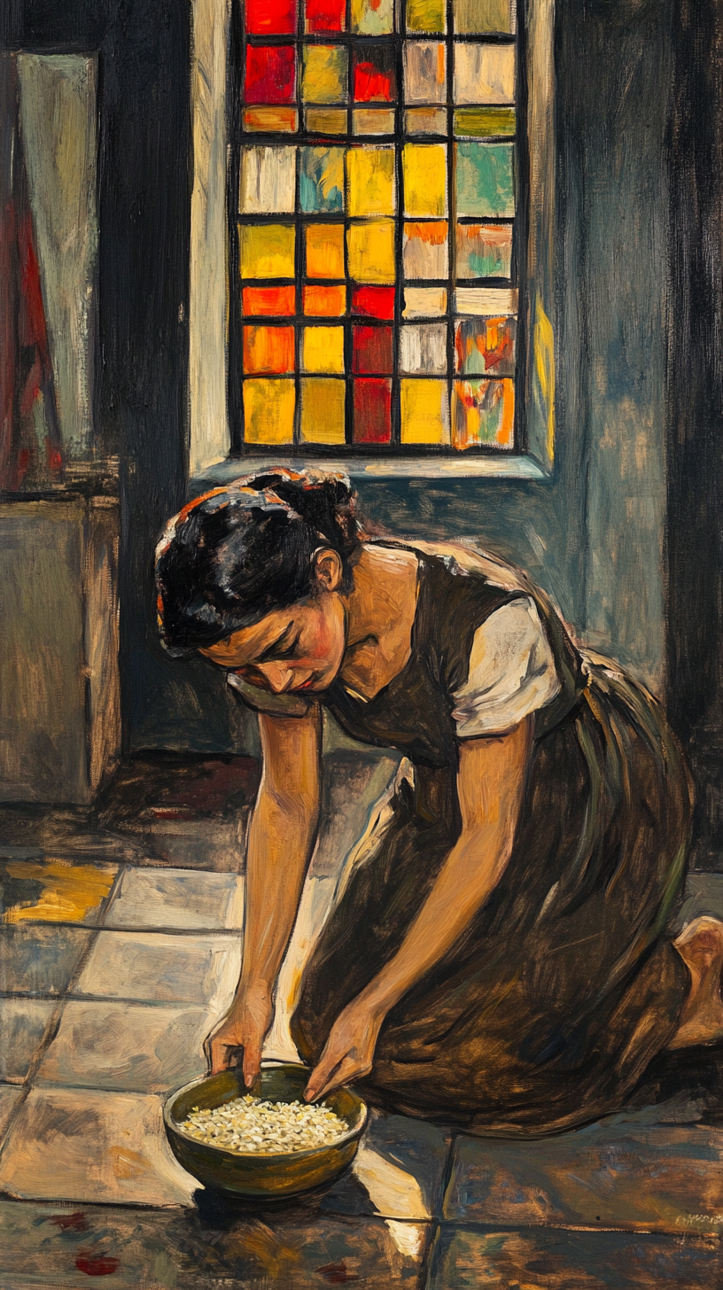 Woman picking up rice in church, lonely oil art