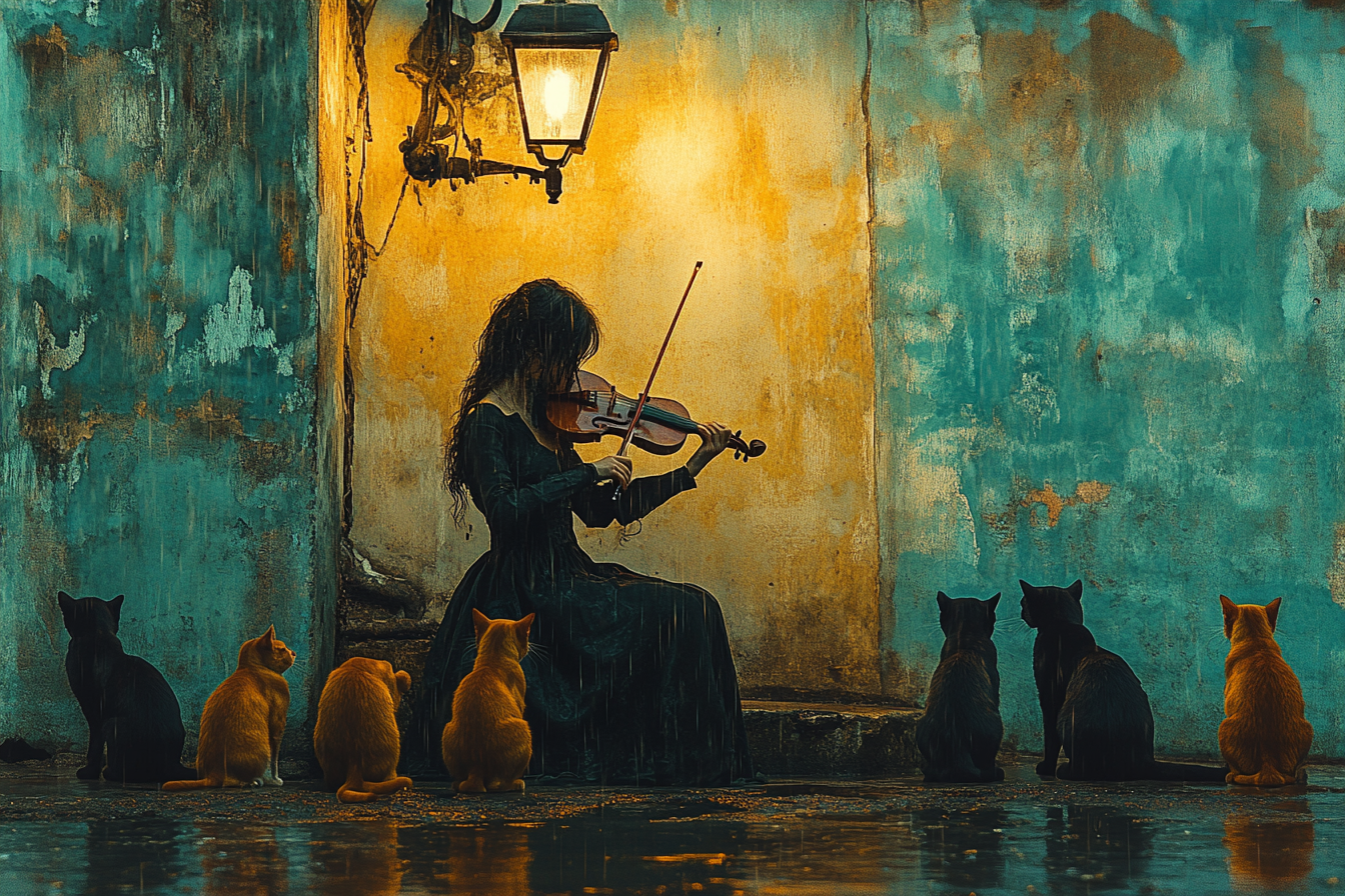 Woman plays violin surrounded by street cats, drawing.