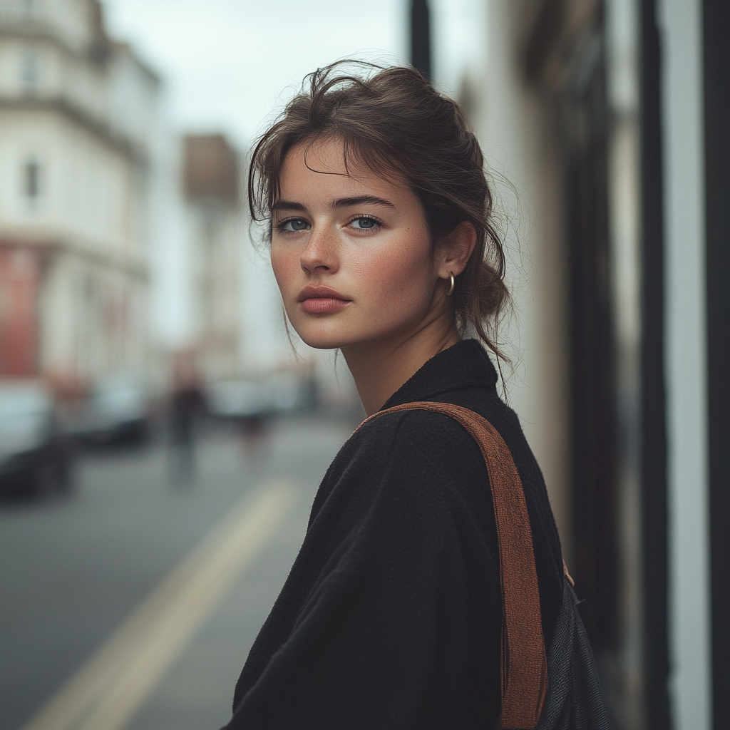 Woman posing on street with elegant emotive faces.