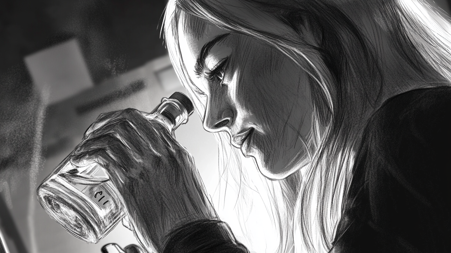 Woman pours drink in close up shot, storyboard.