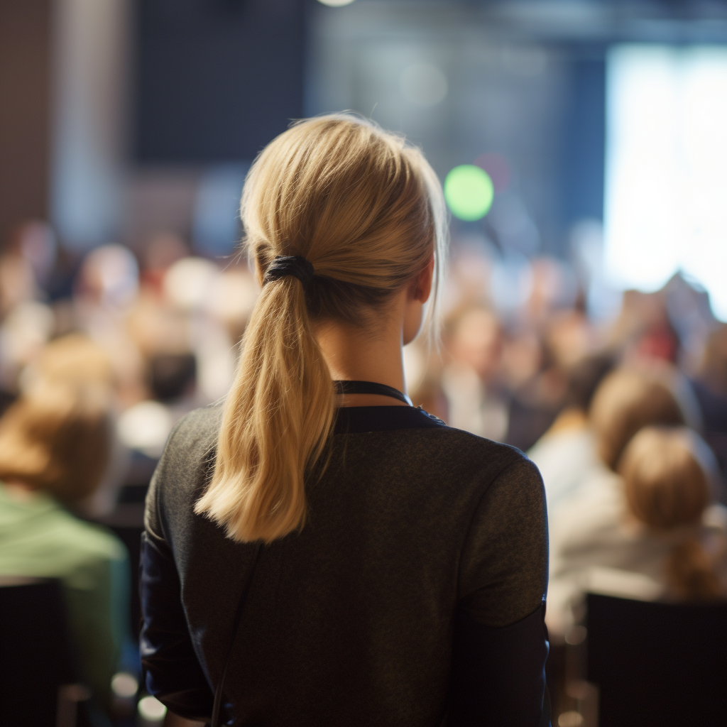 Woman presenting at conference, viewed from the back