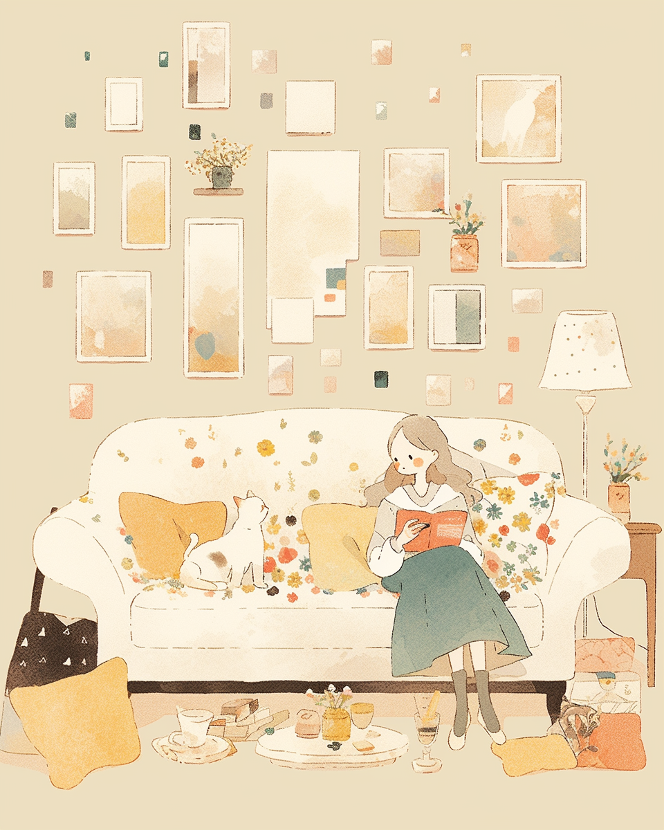 Woman reading book on cream sofa, cute illustration style.